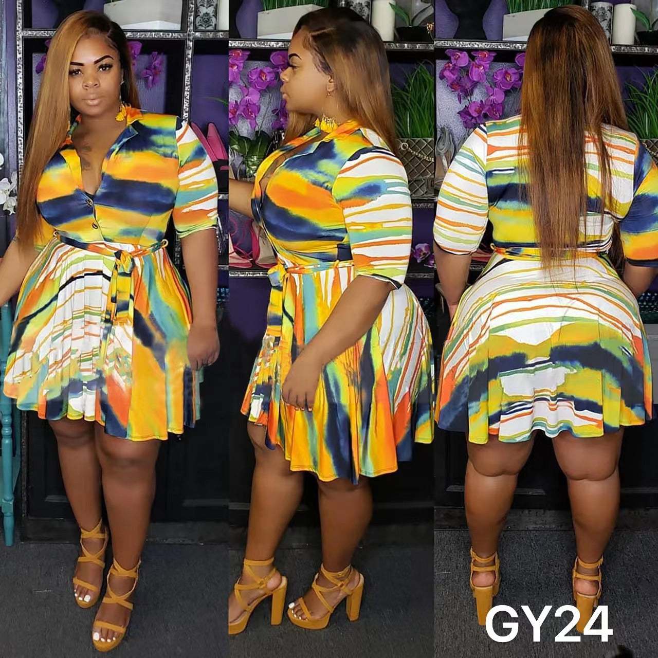 Irregular Colored Striped Printed Dress GY24