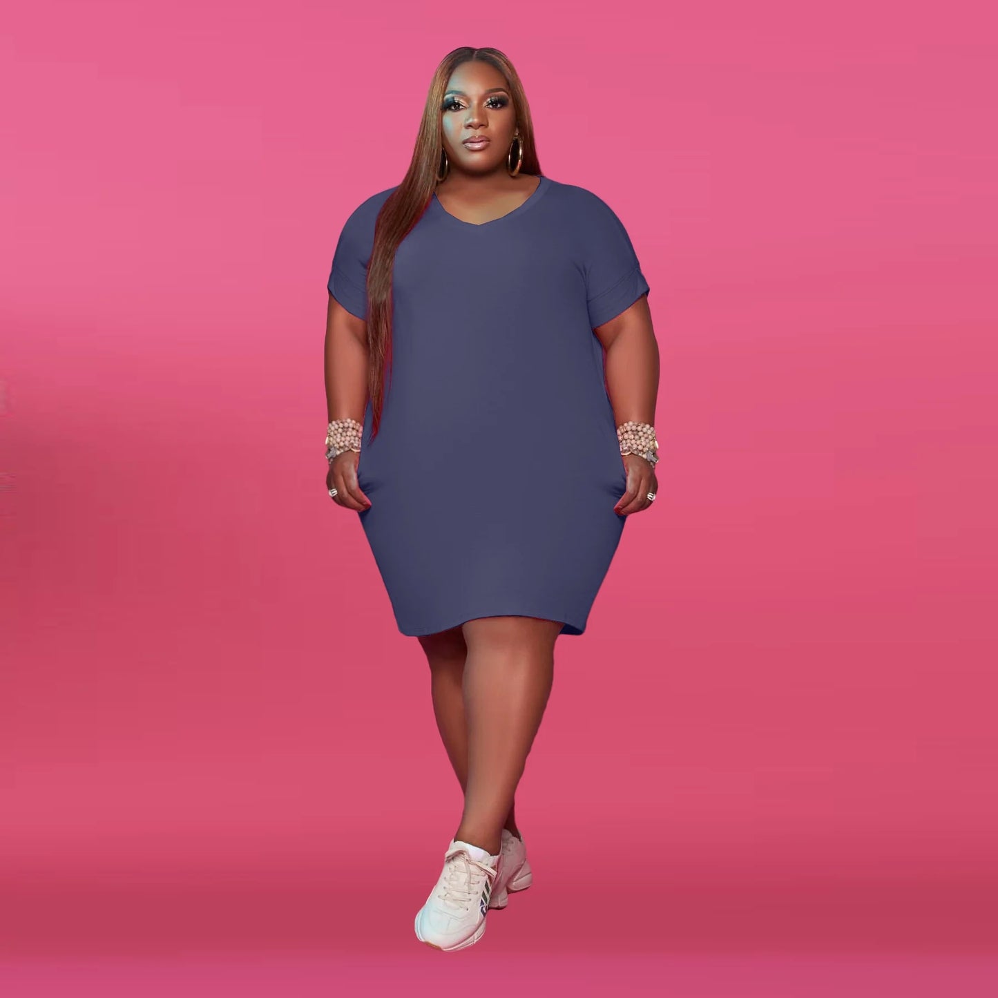 Plus Size Round Neck Solid Color Dress AY1044