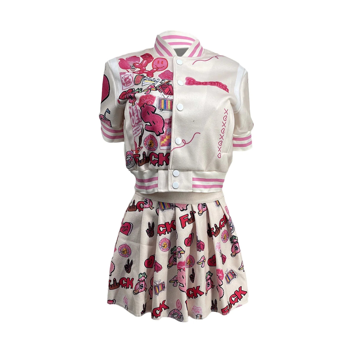 Printed Bomber Fashion Jacket Pleated Skirt Two-Piece Set AY267