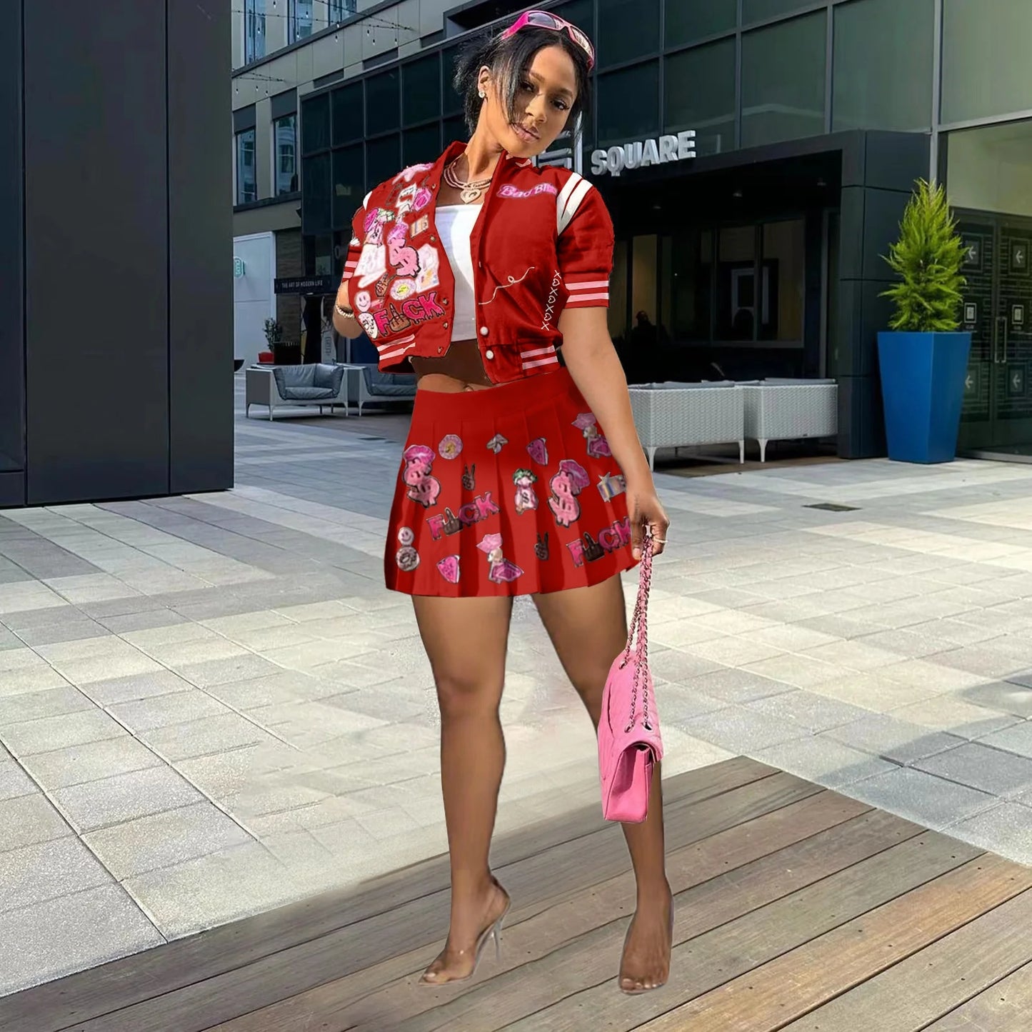 Printed Bomber Fashion Jacket Pleated Skirt Two-Piece Set AY267