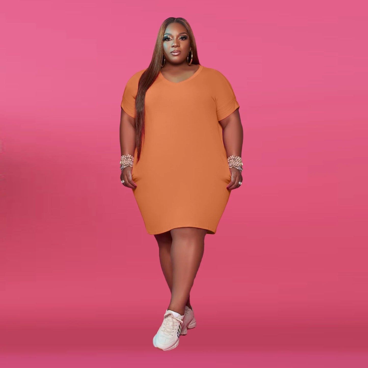 Plus Size Round Neck Solid Color Dress AY1044