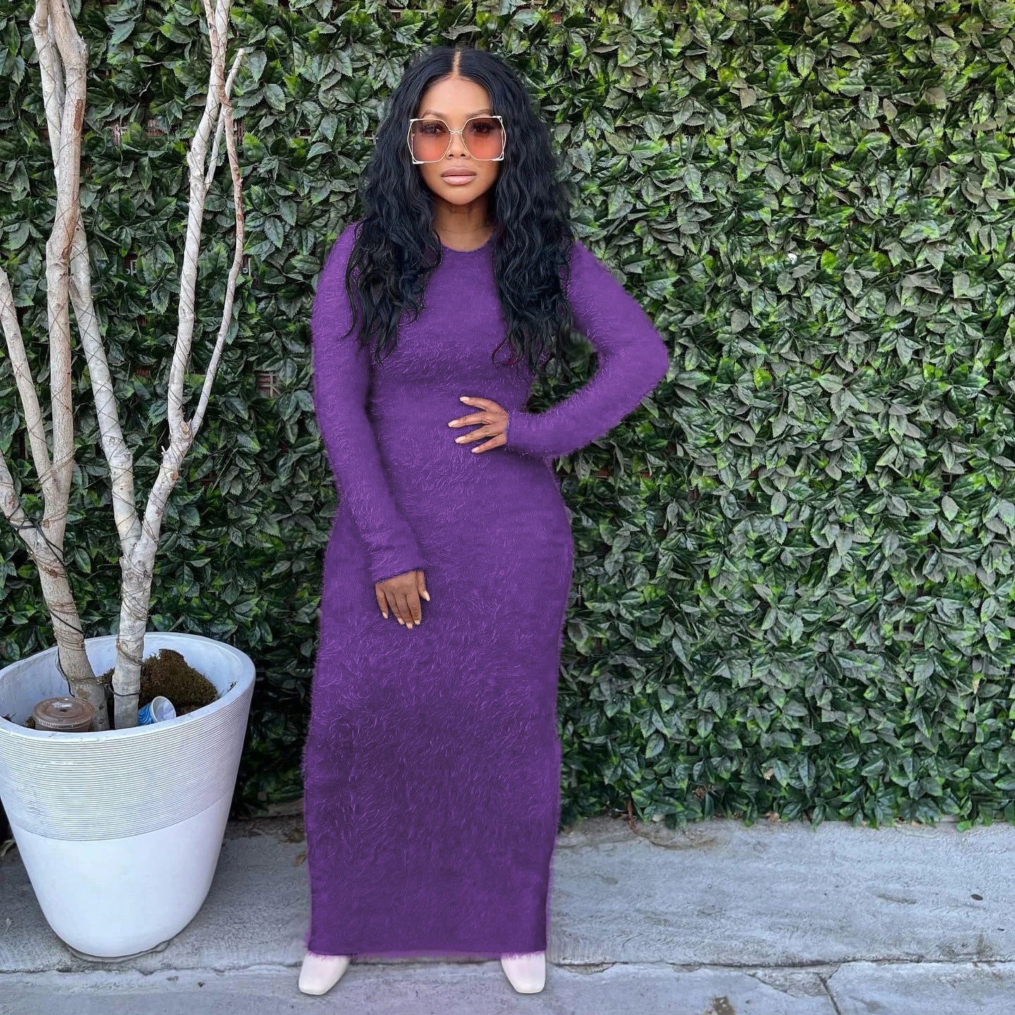 Leisure Round Neck Long-Sleeved Woolen Dress AY2653