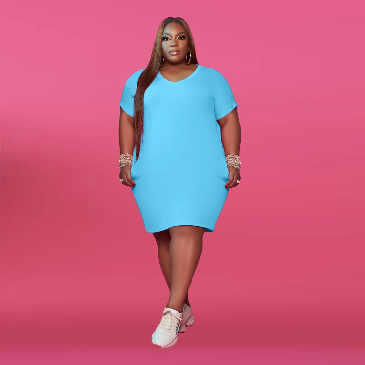 Plus Size Round Neck Solid Color Dress AY1044