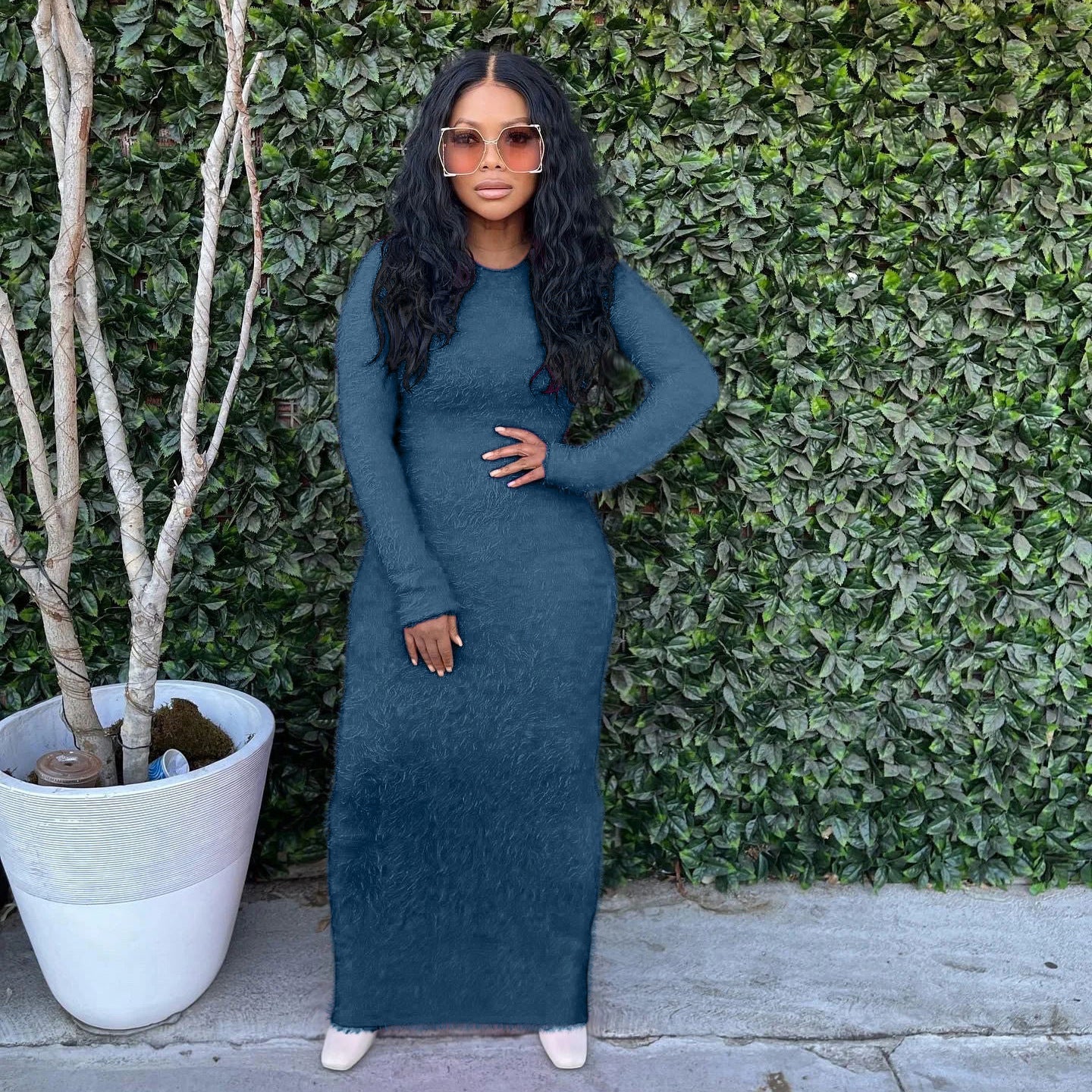 Leisure Round Neck Long-Sleeved Woolen Dress AY2653