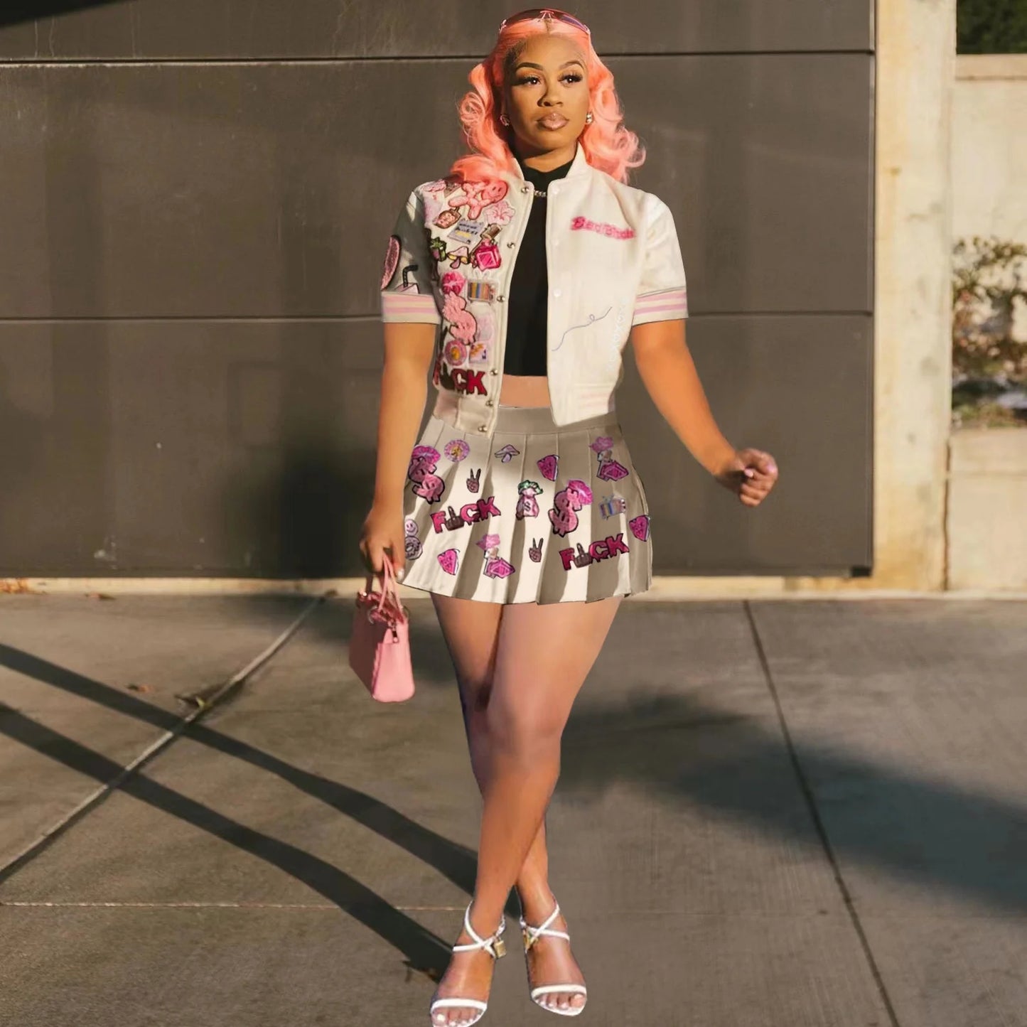 Printed Bomber Fashion Jacket Pleated Skirt Two-Piece Set AY267