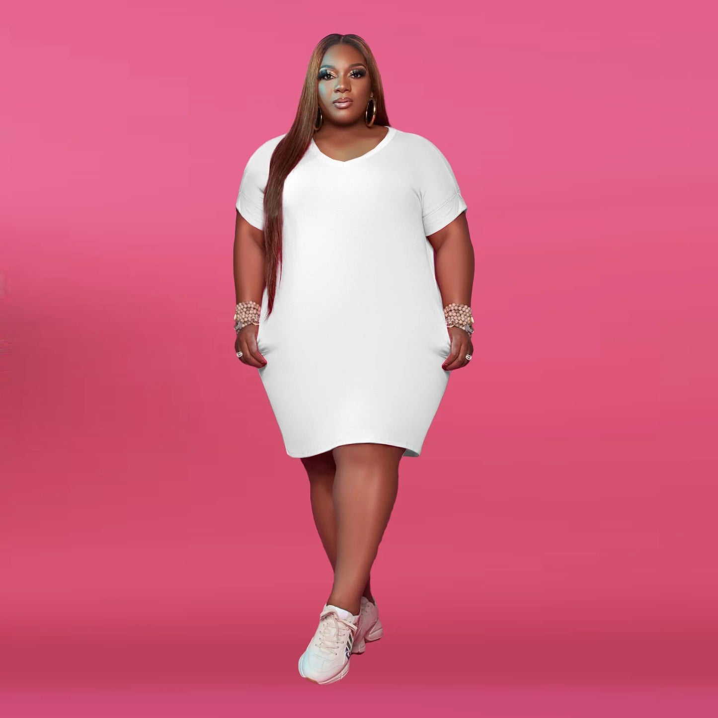 Plus Size Round Neck Solid Color Dress AY1044