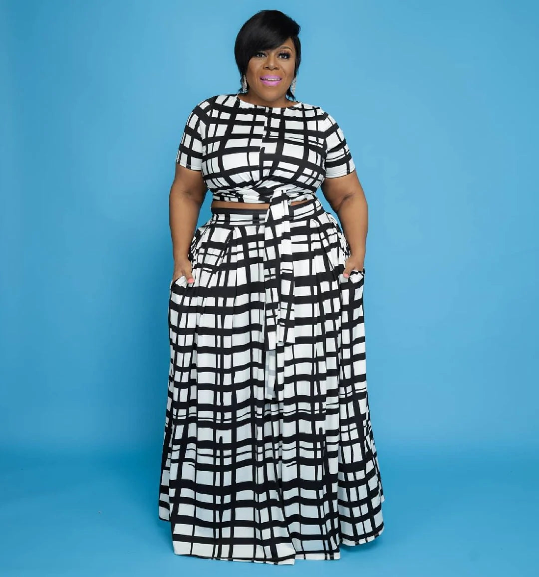 Plus size stripe printing two-piece suit AY1047