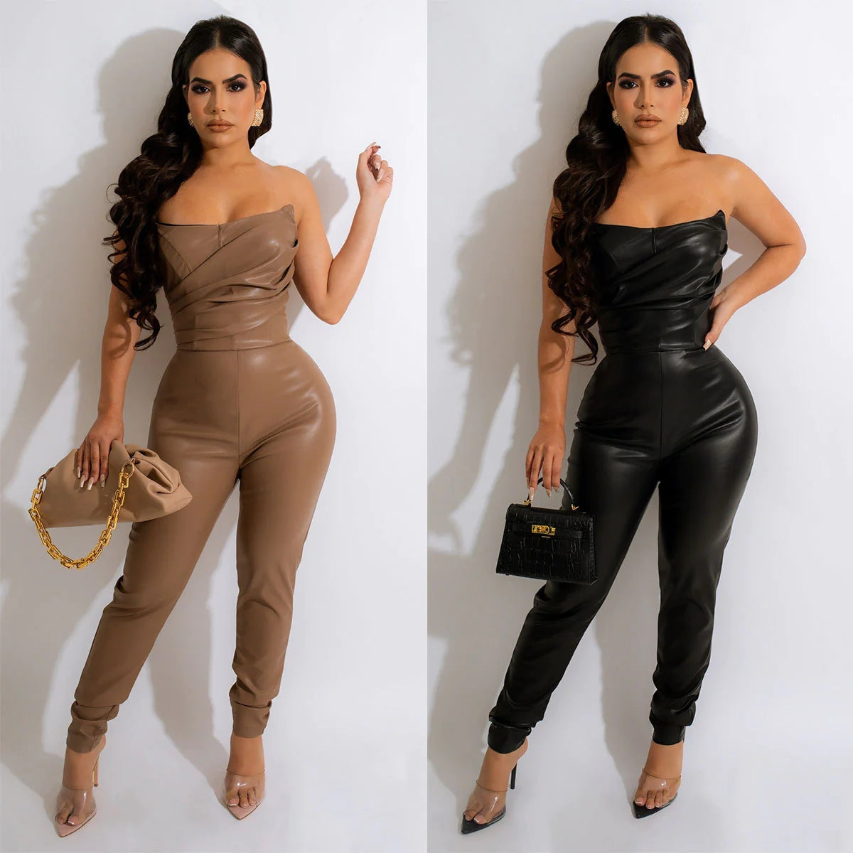 Sexy off-shoulder PU leather jumpsuit AY2637