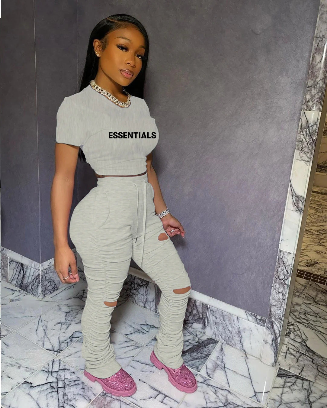 Letter Print Torn Pants Two-Piece Set(AY2623)