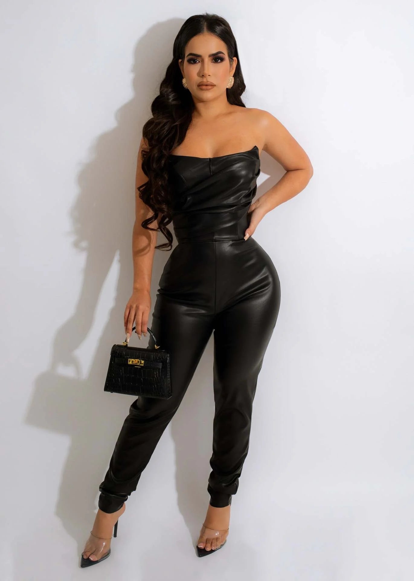 Sexy off-shoulder PU leather jumpsuit AY2637