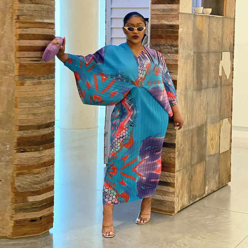 V-Neck Bat Sleeve Print Dress(AY2612)