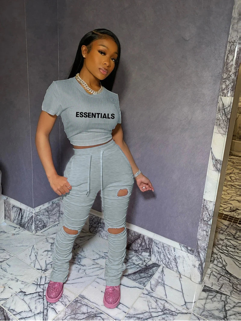 Letter Print Torn Pants Two-Piece Set(AY2623)