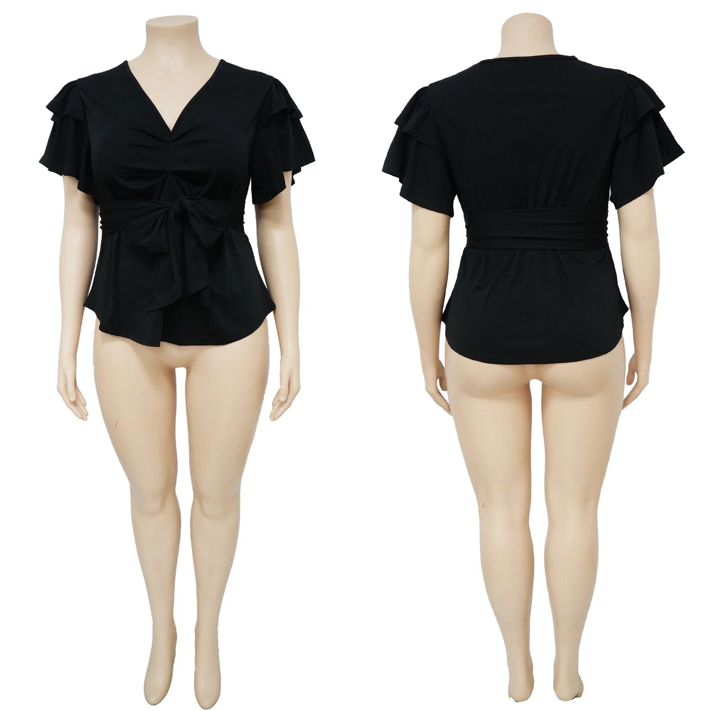 Casual V-Neck Ruffle Sleeve Pleated Shirt Top AY2640