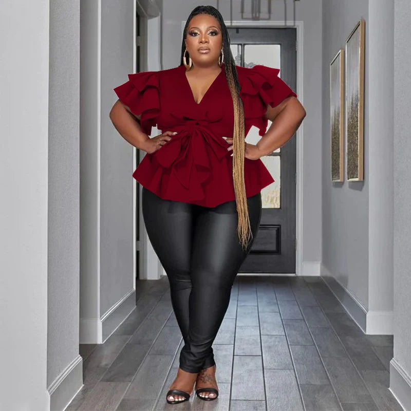 Casual V-Neck Ruffle Sleeve Pleated Shirt Top AY2640