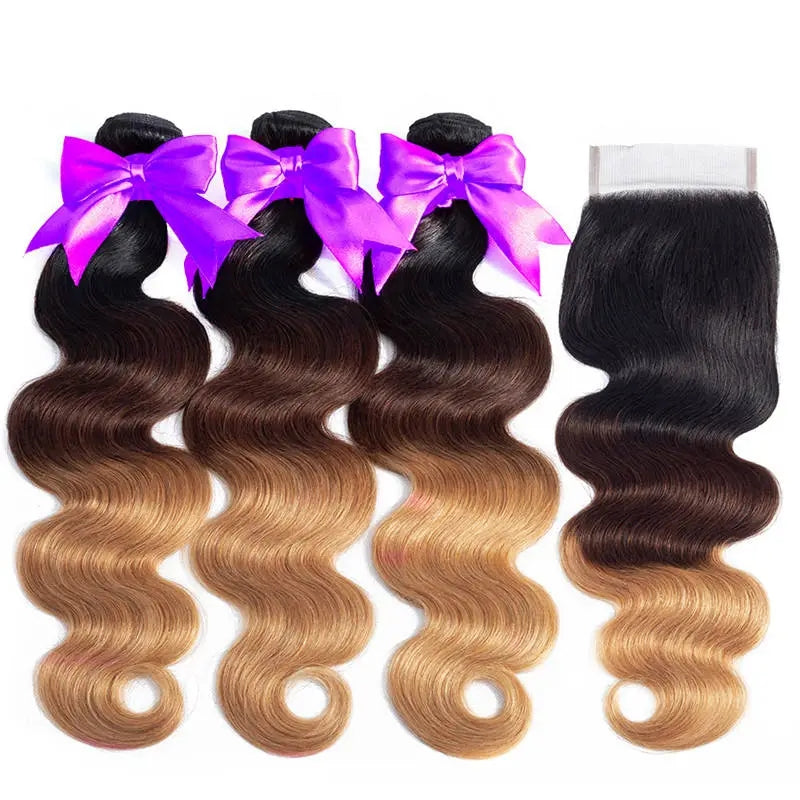 T1B/4/27 Body Wave 3 Bundles With Lace Closure Non Remy Human Hair #PA1036