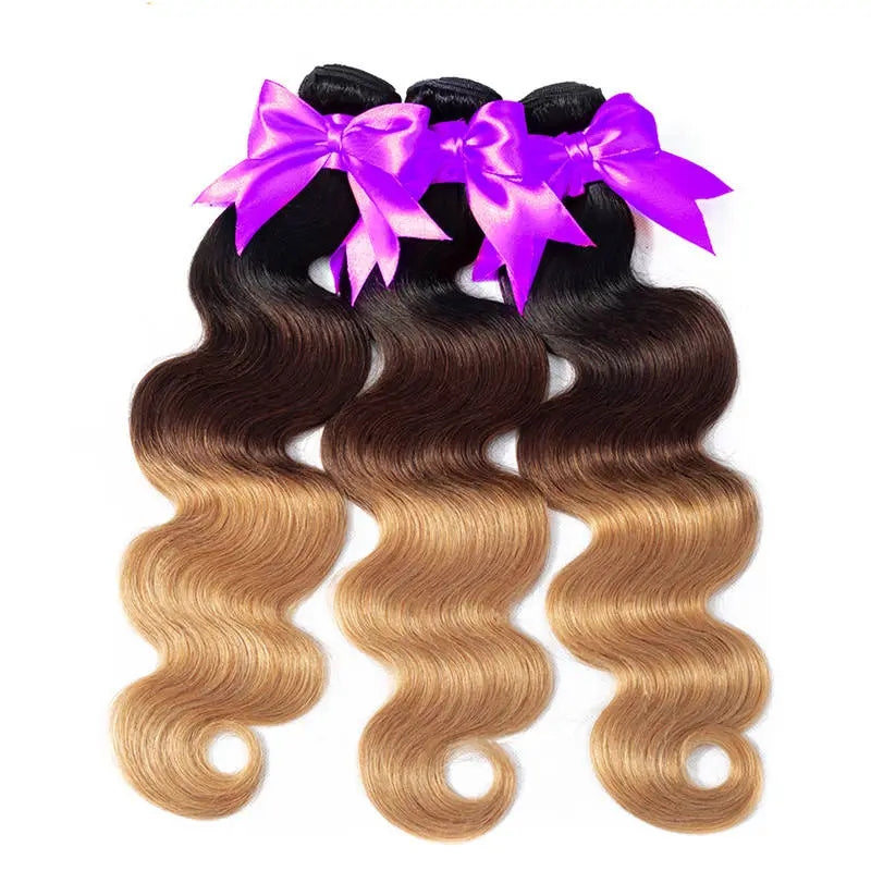 T1B/4/27 Body Wave 3 Bundles With Lace Closure Non Remy Human Hair #PA1036