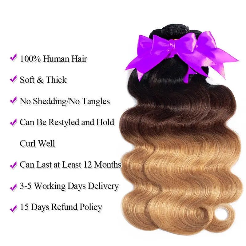 T1B/4/27 Body Wave 3 Bundles With Lace Closure Non Remy Human Hair #PA1036