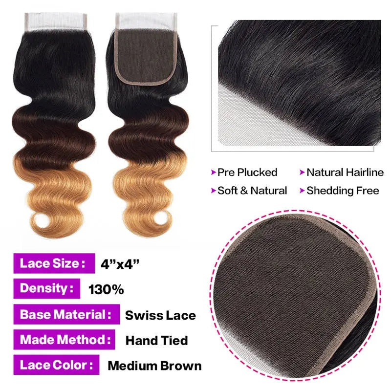 T1B/4/27 Body Wave 3 Bundles With Lace Closure Non Remy Human Hair #PA1036