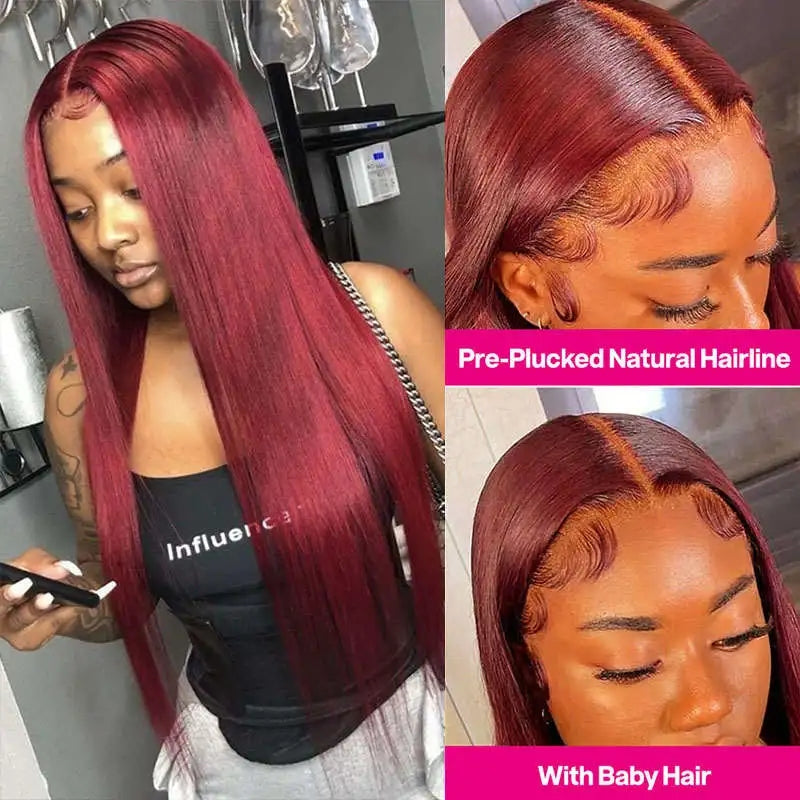 Burgundy 13x4 HD Transparent Lace Front Human Hair Wigs 99J Straight Lace Frontal Wig For Women Pre Plucked #PA1105