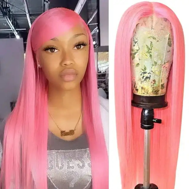 Pink 13x4 Lace Frontal Wig HD Transparent Brazilian Straight Human Hair Wigs Pre Plucked Pink Lace Front Human Hair Wigs #PA1110
