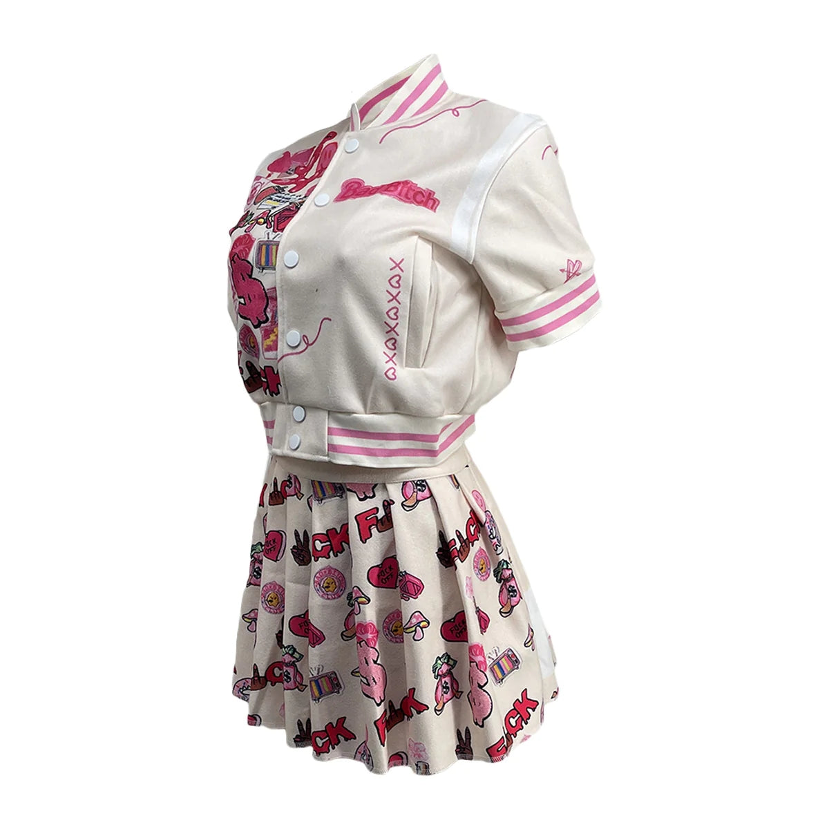 Printed Bomber Fashion Jacket Pleated Skirt Two-Piece Set AY267