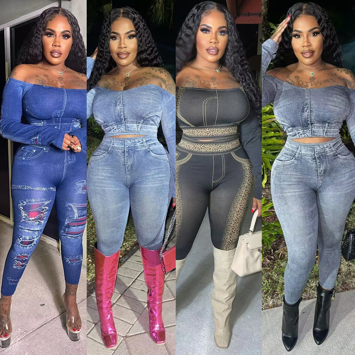 New Spring Denim Imitation Positioning Printing Two-Piece SuitAY2656