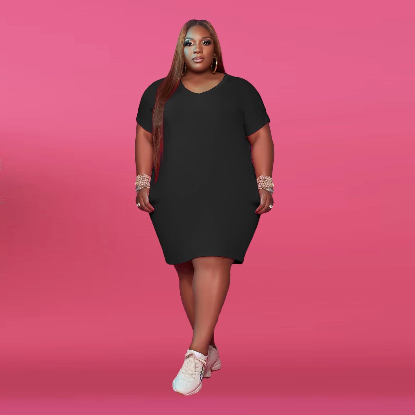 Plus Size Round Neck Solid Color Dress AY1044