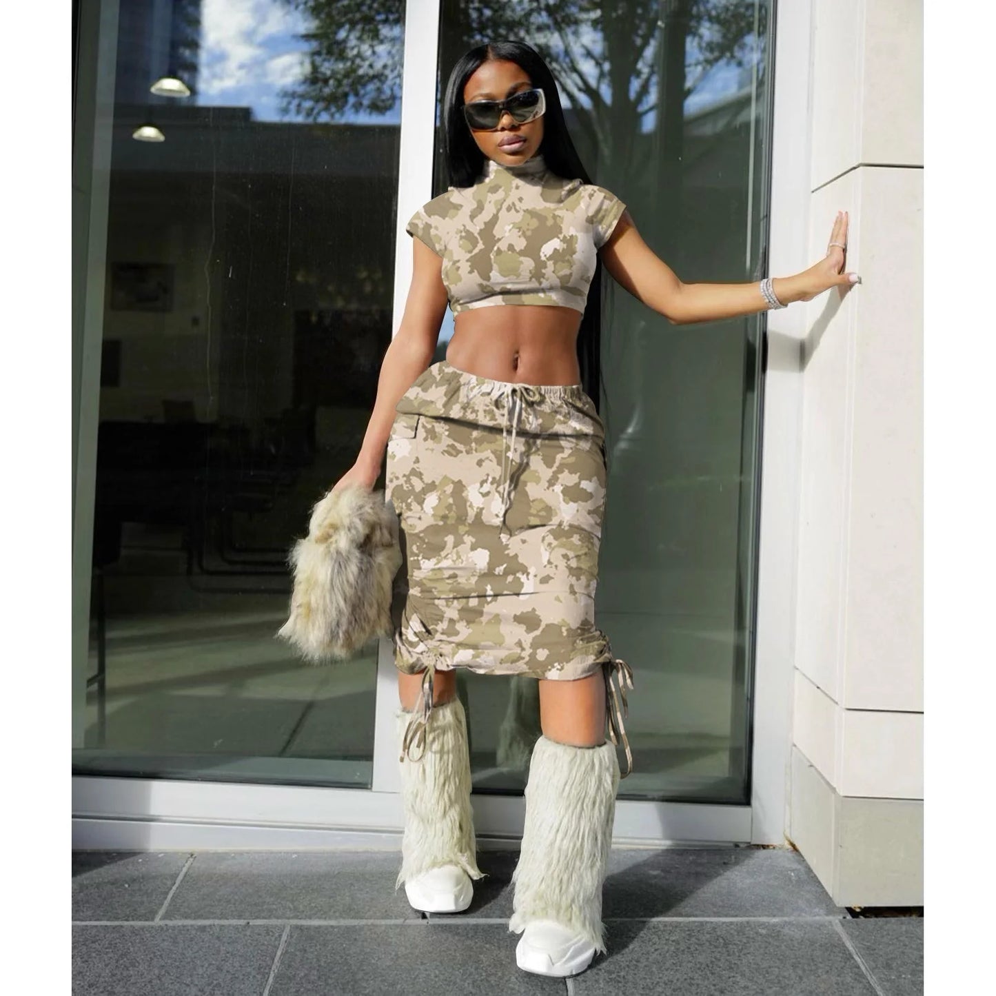 Camouflage Short-Sleeved Long Skirt Suit AY2654