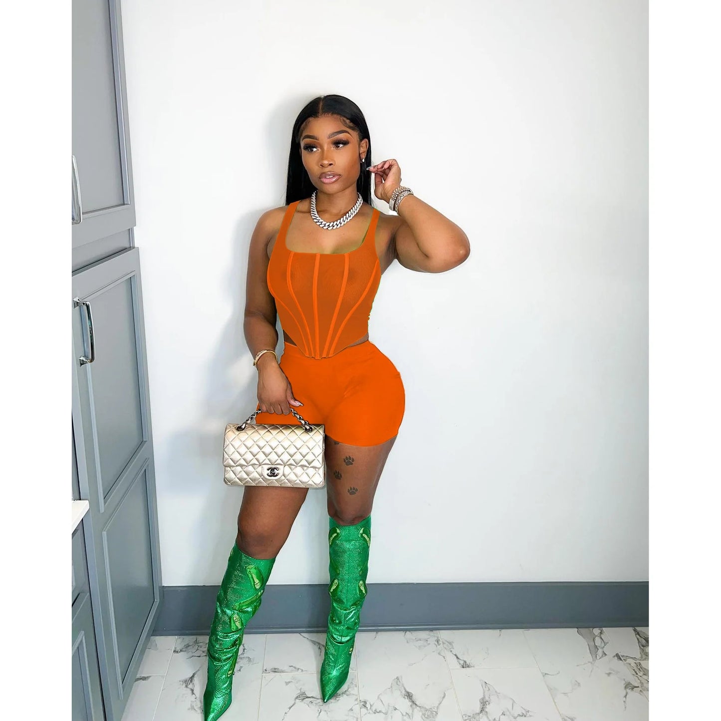 Solid color sleeveless mesh vest two-piece set AY2655