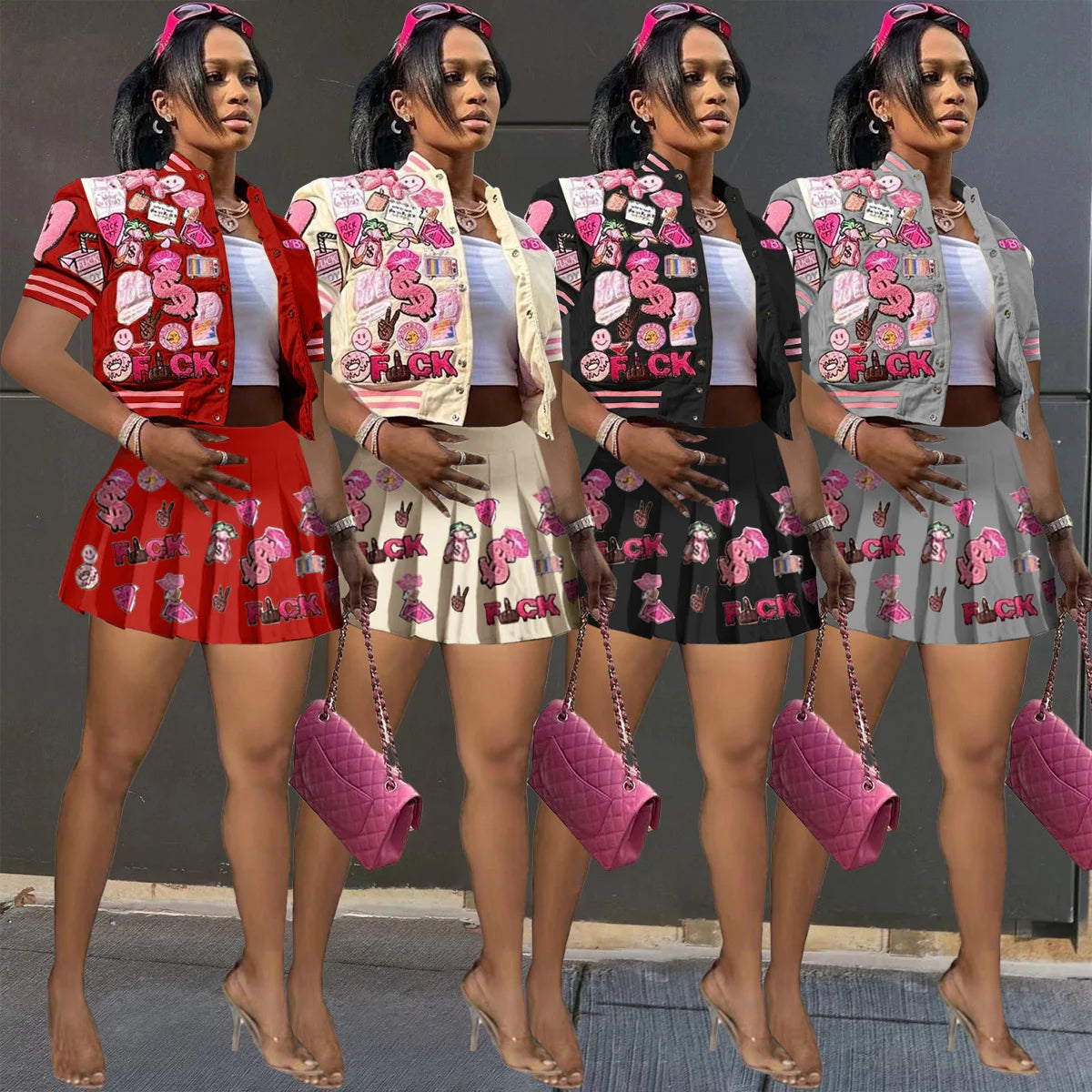 Printed Bomber Fashion Jacket Pleated Skirt Two-Piece Set AY267